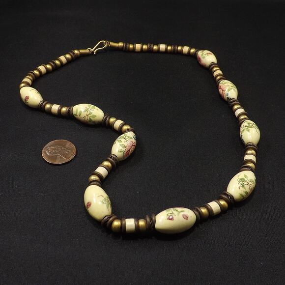 Vintage Porcelain Artisan Necklace, Floral Beads Leather, 1970s Vintage Jewelry - Picture 6 of 10